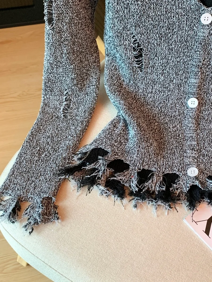 Feminino longo sve v-ne malhas borla design sensação início do outono cor blo buraco design auto-kee sle topo