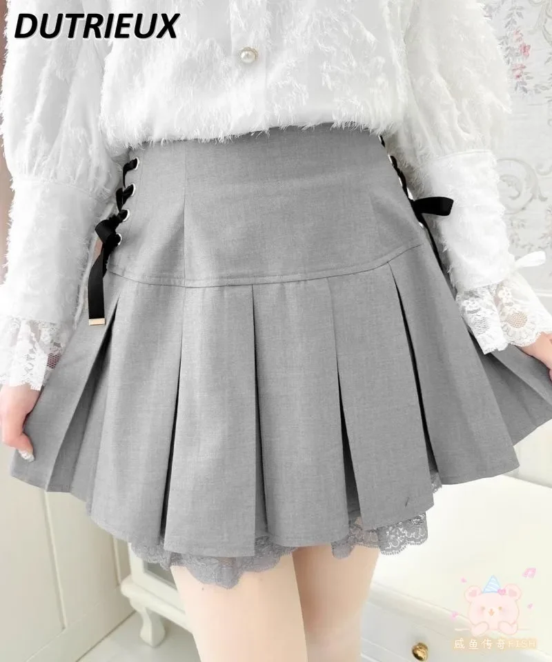 

Japanese Rojita Skirt Women Strap Bow Lace Mine Mass-Produced Preppy Style Pleated Skirt Student 2024 Spring New Short Faldas