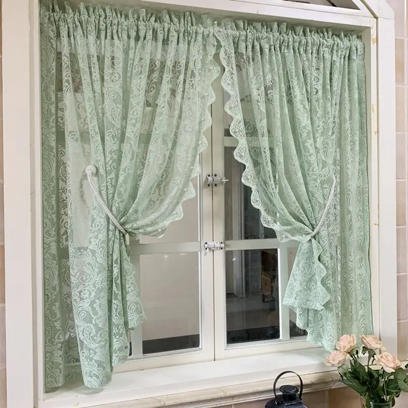 Rural Romantic Mint Green Short Curtain Lace Pearls Embroidered Sheer Tulle Curtain For Kitchen Cabinet Door Decorate Darpe