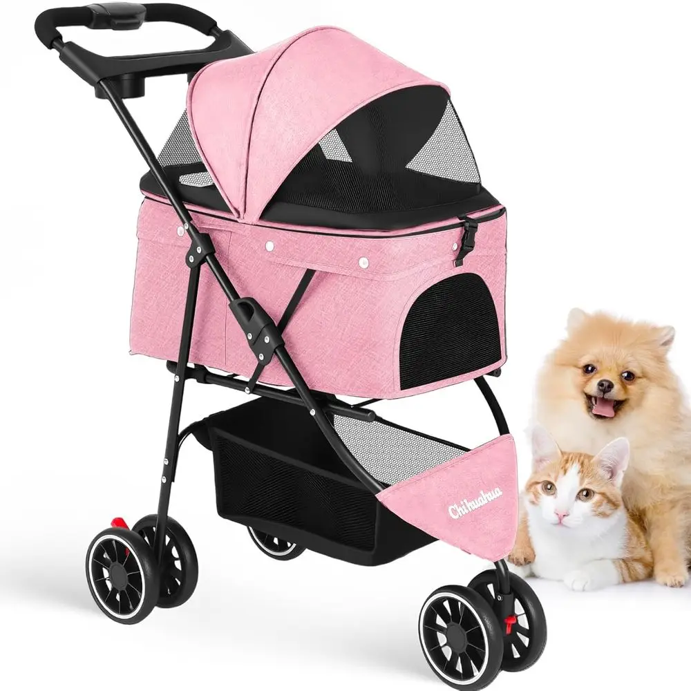 

Pet Stroller for Small Medium Dogs, 3 Wheels, Breathable Mesh, Cup Holders, Easy Assembly, Pink