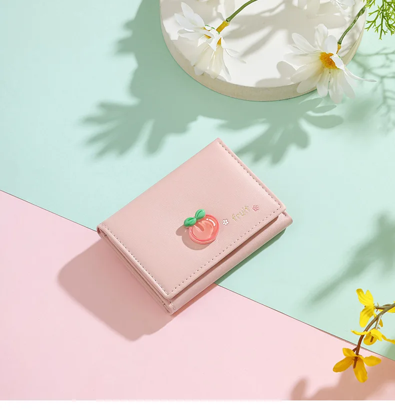 

Ins Short Ladies Wallet Fresh Fruit Print Trifold Fashionable Compact Money Holder with Multiple Card Slots Leather Clutch
