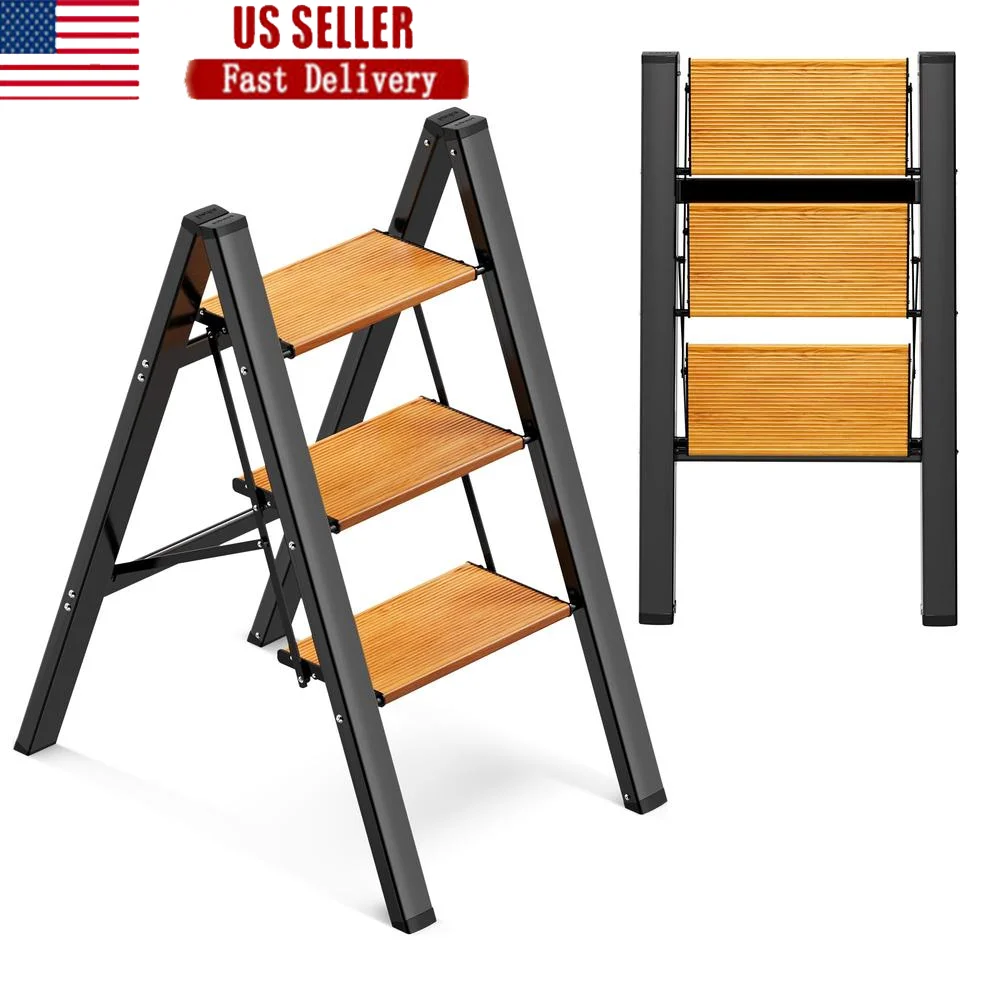 Aluminum Folding Step Stool Anti-Slip Pedal Wide Stepladder 330Lbs Capacity Kitchen Home Maintenance Easy Storage Multi-Use