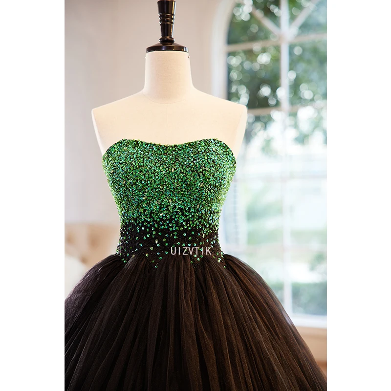 Galajurk Dames Zwart met groene kristallen kralen Strapless Jurken voor speciale gelegenheden Op maat gemaakte formele avondjurken voor galafeesten