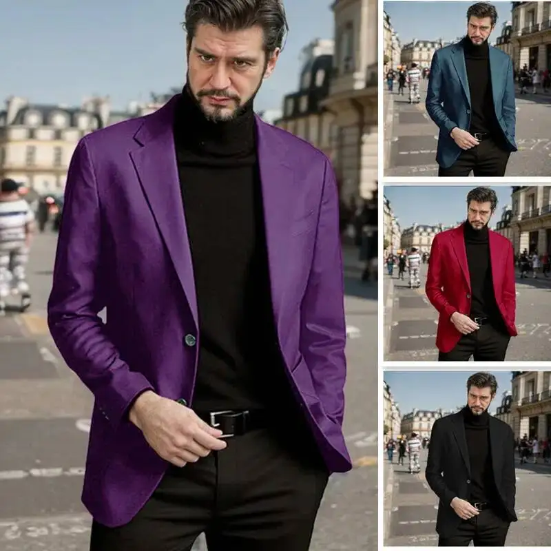 European Version Casual Suit Jacket Men's Fashionable City Style Polyester Fiber Long Sleeve Single Button Commute Pure Color