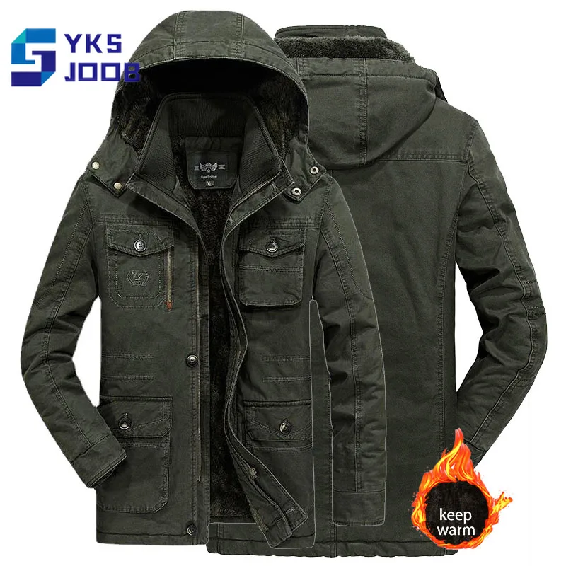 Plus Size 8XL Tactical Hiking Jacket Men Fleece Thermal Mid Length ParkaMlti-pocket Windbreaker Wear-resisting Camping Jakcets