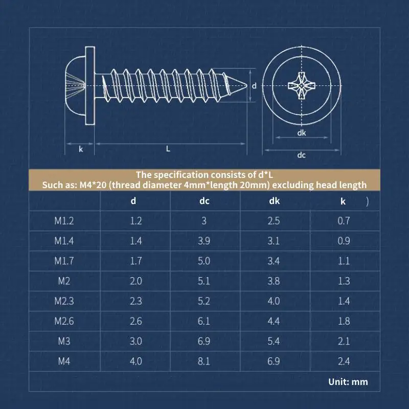 

Черная углеродистая сталь M1.2 M1.4 M1.7 M2 M2.3 M2.6 M3 M4 Саморез с крестообразной головкой Philips и круглой головкой с шайбой
