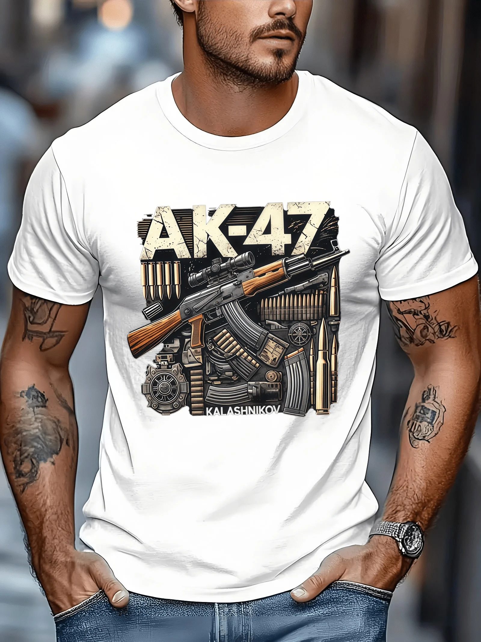 Men's AK-47 T-Shirt with Realistic Rifle Bullet Print AKM Type 64 Design Vintage Gun Rights Apparel Suitable for Sniper