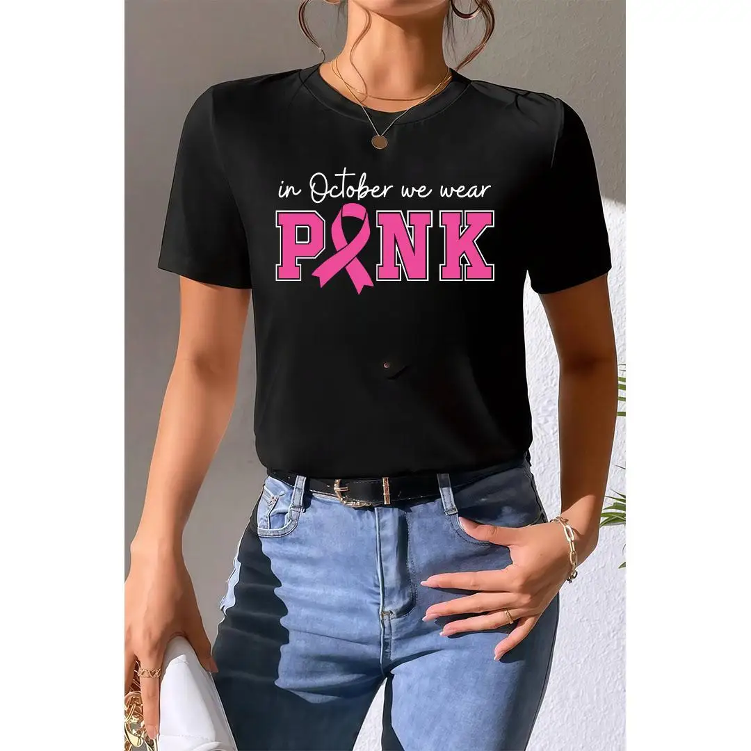 

Breast Cancer Awareness T-shirt for Women In October We Wear Pink Slogan Tees Ribbon Graphic Loose Summer Tops