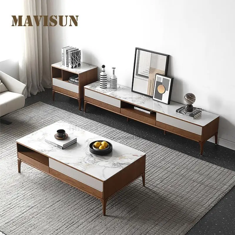 Italian Simple Glossy Rock Board Coffee Table TV Cabinet Combination Solid Wood Nordic Small Apartment Square Tv Cabinet Set