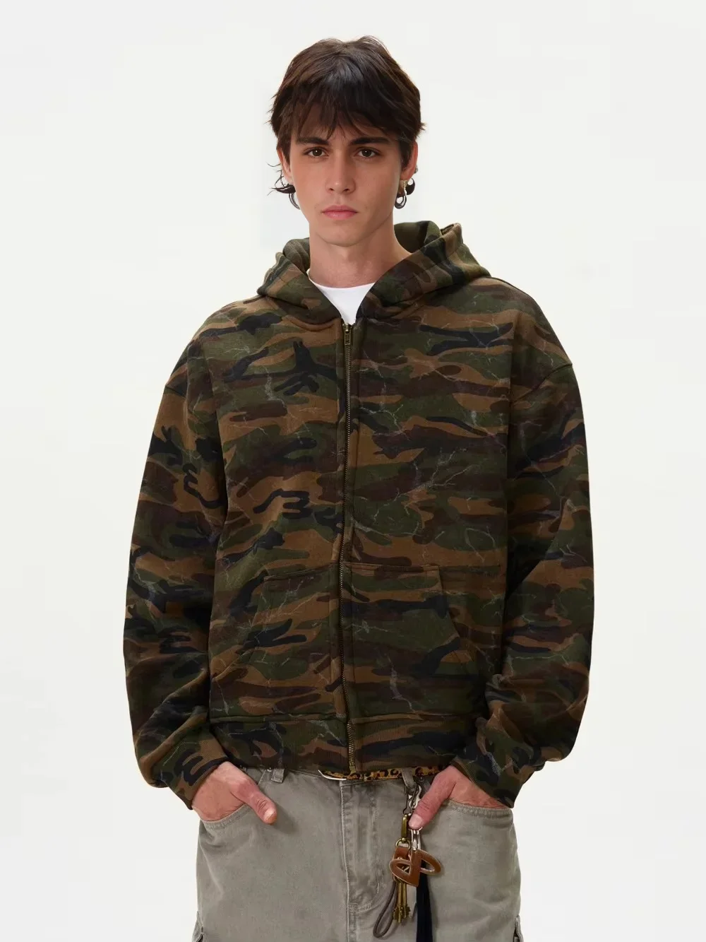 Tung Sung Vintage Corrugated Washed Camouflage Hooded Jacket Harajuku Streetwear Zip Up Hoodies