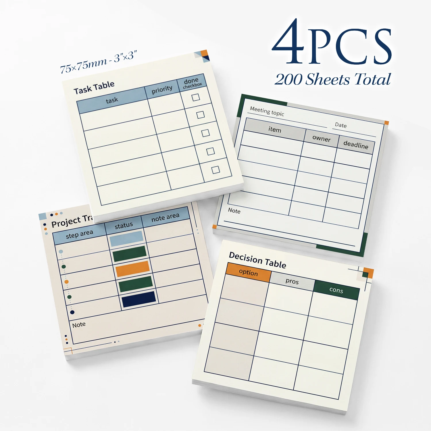 4pcs Project Planner Sticky Notes Set, Task Table Meeting Notes Decision Table Self Stick Memo Pads, 200 Sheets Total