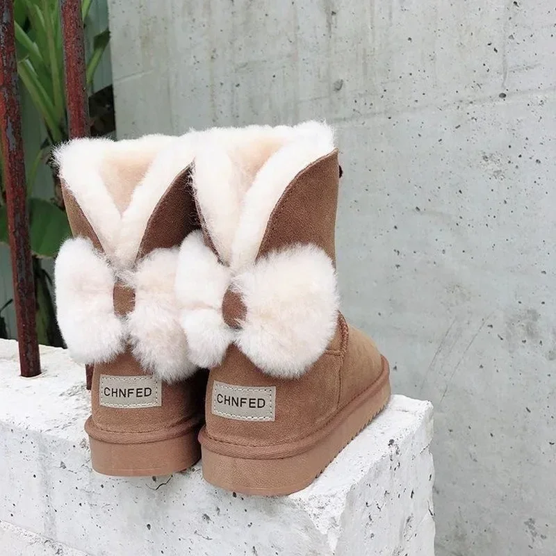 

New Winter Women Snow Boots Warm Female Antiskid Soft Leather Shoes Non-Slip Thermal Plush Bow Suede Ankle Boots Size 35-40