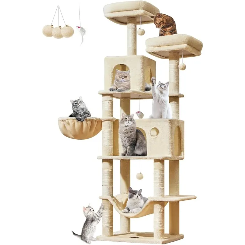 

Taoqimiao Large Cat Tree，73-Inch Cat Tree Tower with 9 Scratching Posts for Indoor Cats, 2 Large Cat Condo with Hammock, Hanging