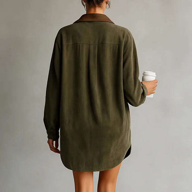 الفرنسية التباين التلبيب زر قميص اللباس امرأة الرجعية الصلبة الجلد المدبوغ فضفاض البسيطة فستان قصير الخريف طويلة الأكمام جيب البلوز اللباس #1