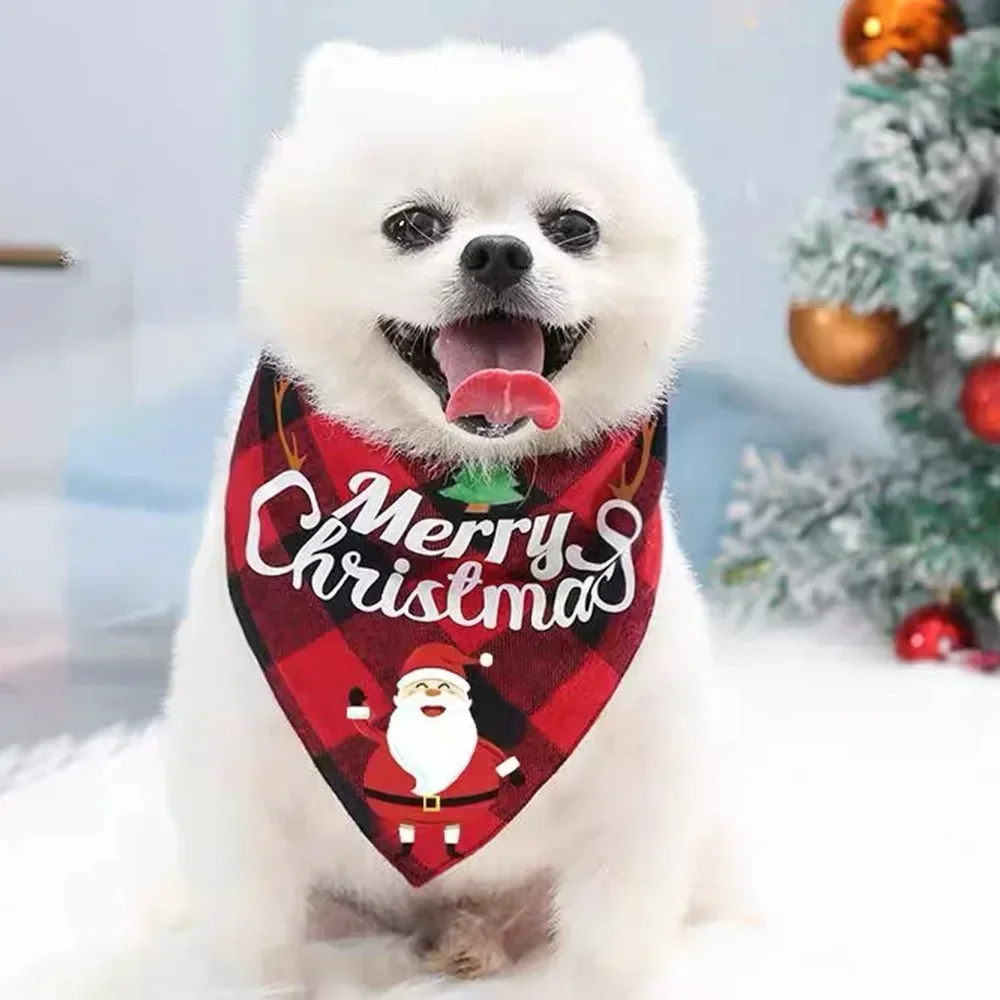 10/1PCS Christmas Print Dog Bandanas Large Pet Scarf Cartoon Red Green Grid Dog Drool Bib Cat Grooming Accessories Pet Supplies