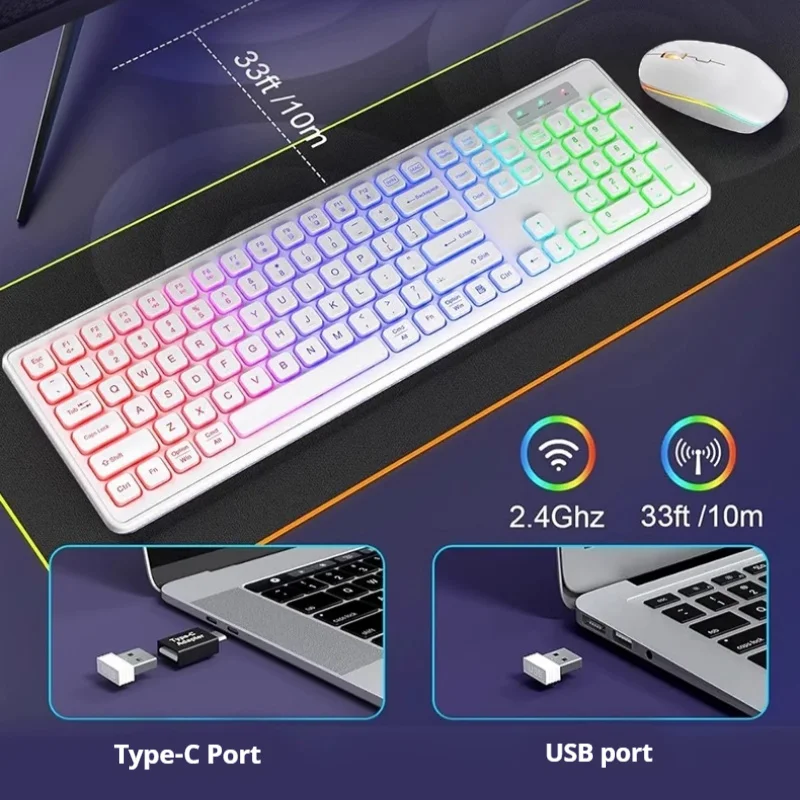 Rgb Backlit Wireless Keyboard And Mouse Combination Rechargeable Luminous Letters Full-Size Ergonomic Sleep Mode 2.4ghz Laptop