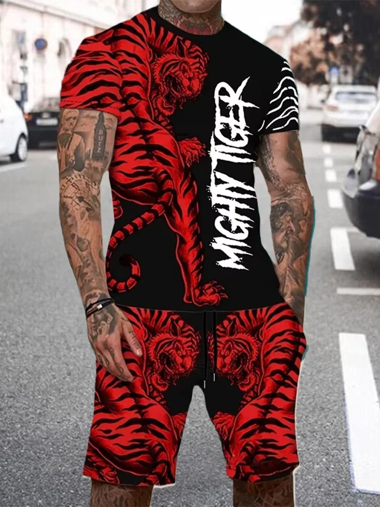 Sommer Männer setzt Shorts Outfits männliche T-Shirts Straße T-Shirt zweiteilige 3d Löwen druck lässig O-Ausschnitt Trainings anzug übergroße Strand