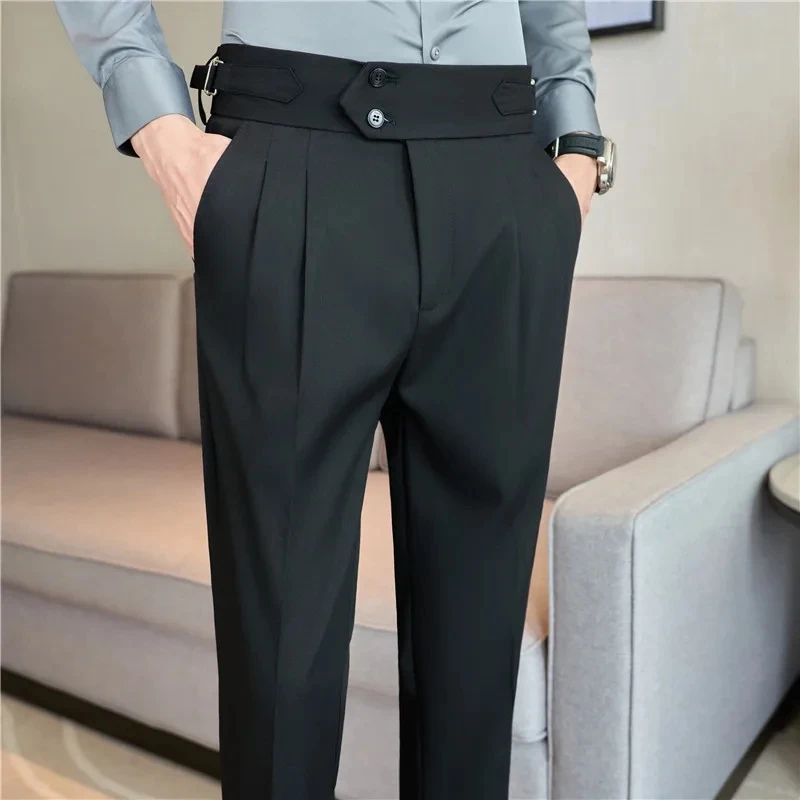 British Style Autumn New Solid High Waist Trousers Men Formal Pants High Quality Slim Fit Business Casual Suit Pants Hommes