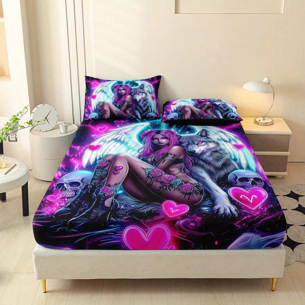 Purple Gothic Angel Print Bed Sheet Set, Breathable and Comfortable Mattress Protector, Breathable Polyester Material (includes 1 bed sheet + 2 pillowcases), Mattress Protector, Elastic Bed Sheet Style, Protective Cover, Mattress Cover, Bed Sheet Style Bedding, Christmas Theme Bedding