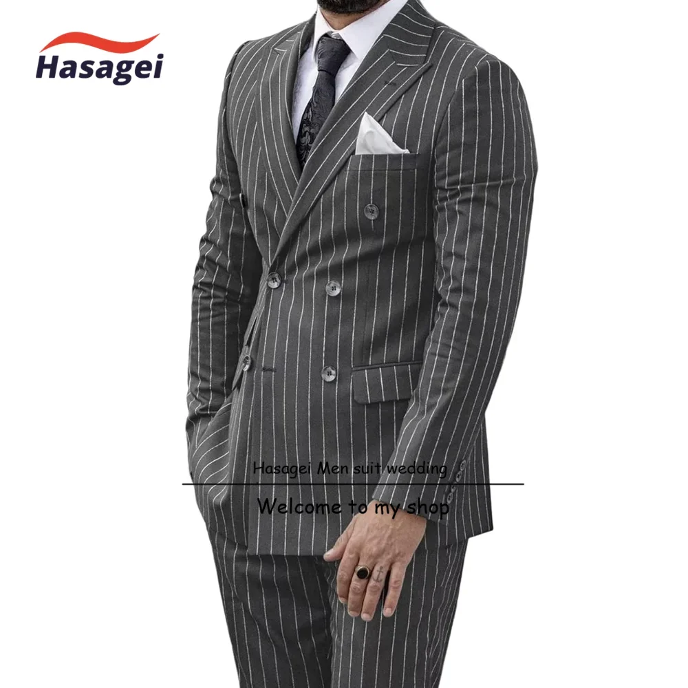 Mens Pinstripe Suit 2 Piece Double Breasted Tuxedo Slim Fit Formal Business Blazer Pants Set