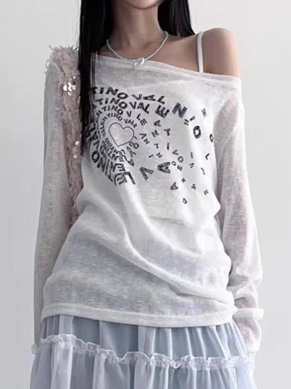 Subculture Tunic Tshirt See Through Sexy T-shirts Y2k Women T Shirts Print Slash Neck Long Sleeve Tees Ropa Mujer Off Shoulder