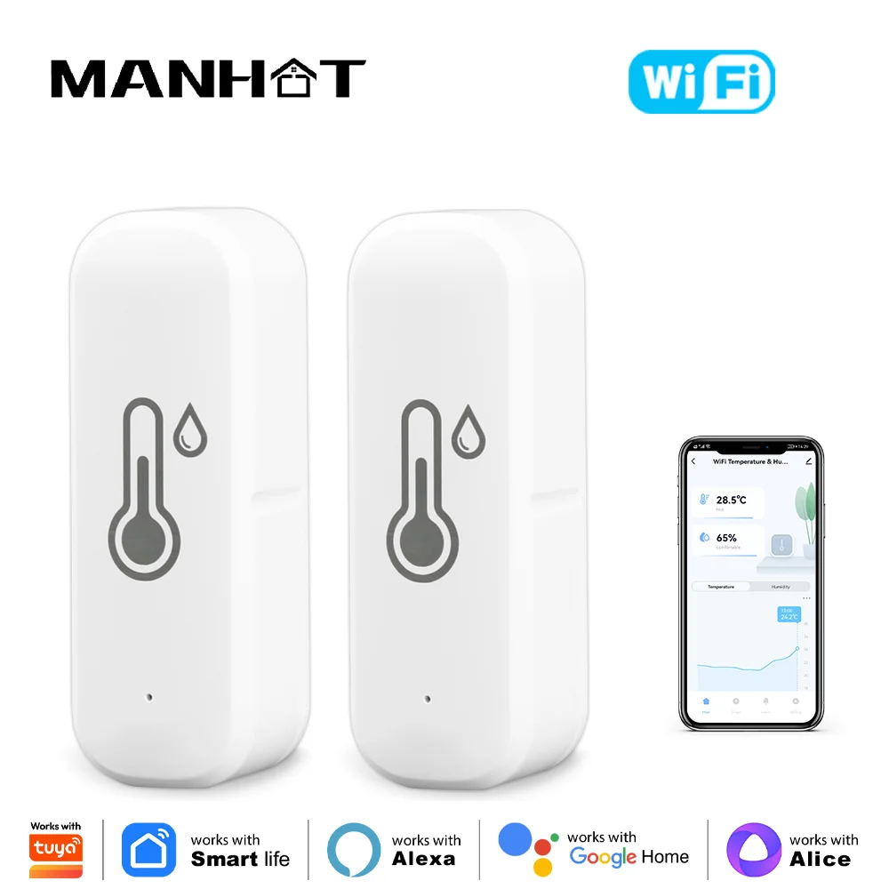 Manhot Smart WIFI Temperature Humidity Sensor APP Remote Monitor For Smart Home Smart Life Works With Alexa Google Assistant