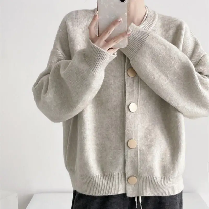 Fashion Casual Women Autumn Winter Knitted Cardigan Plain Loose Round Neck Top Casual Crew Neck Furry Soft Sweater 