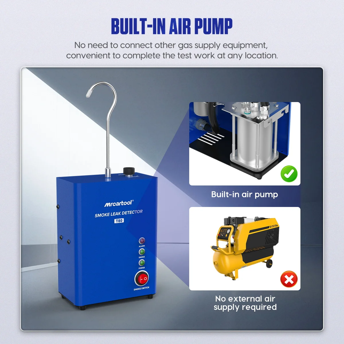 MR CARTOOL Car Smoke Leak Detector Machine T80 Auto Air Pump Fuel Pipe System Leak Locator Smog Generator Diagnostic Tool view 2