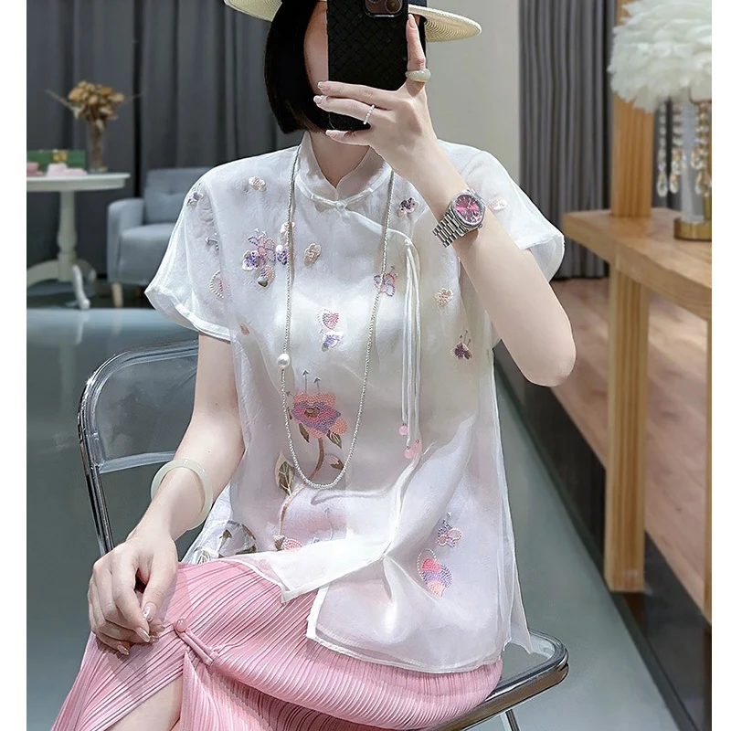 2023 Chinoiserie Stand Collar Short Sleeve Fashionable Embroidery Silk Organza Top Single Button+Tassel Shirt Women S-XXL