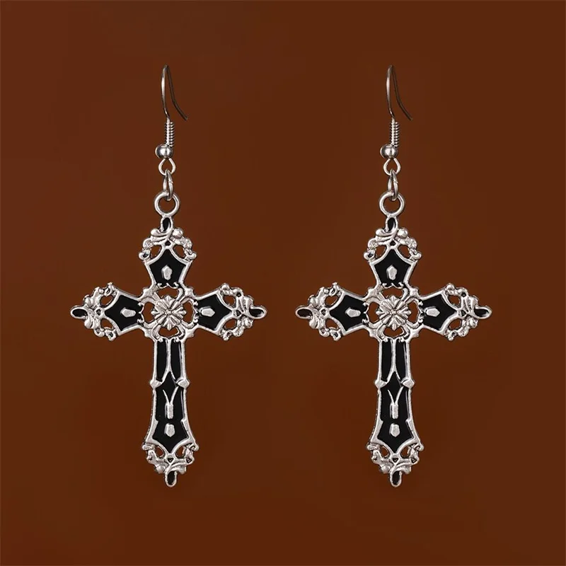 Punk Vintage Black Enamel Cross Earrings Aesthetic Gothic Cross Earrings Women Optimal Jewelry Accessories