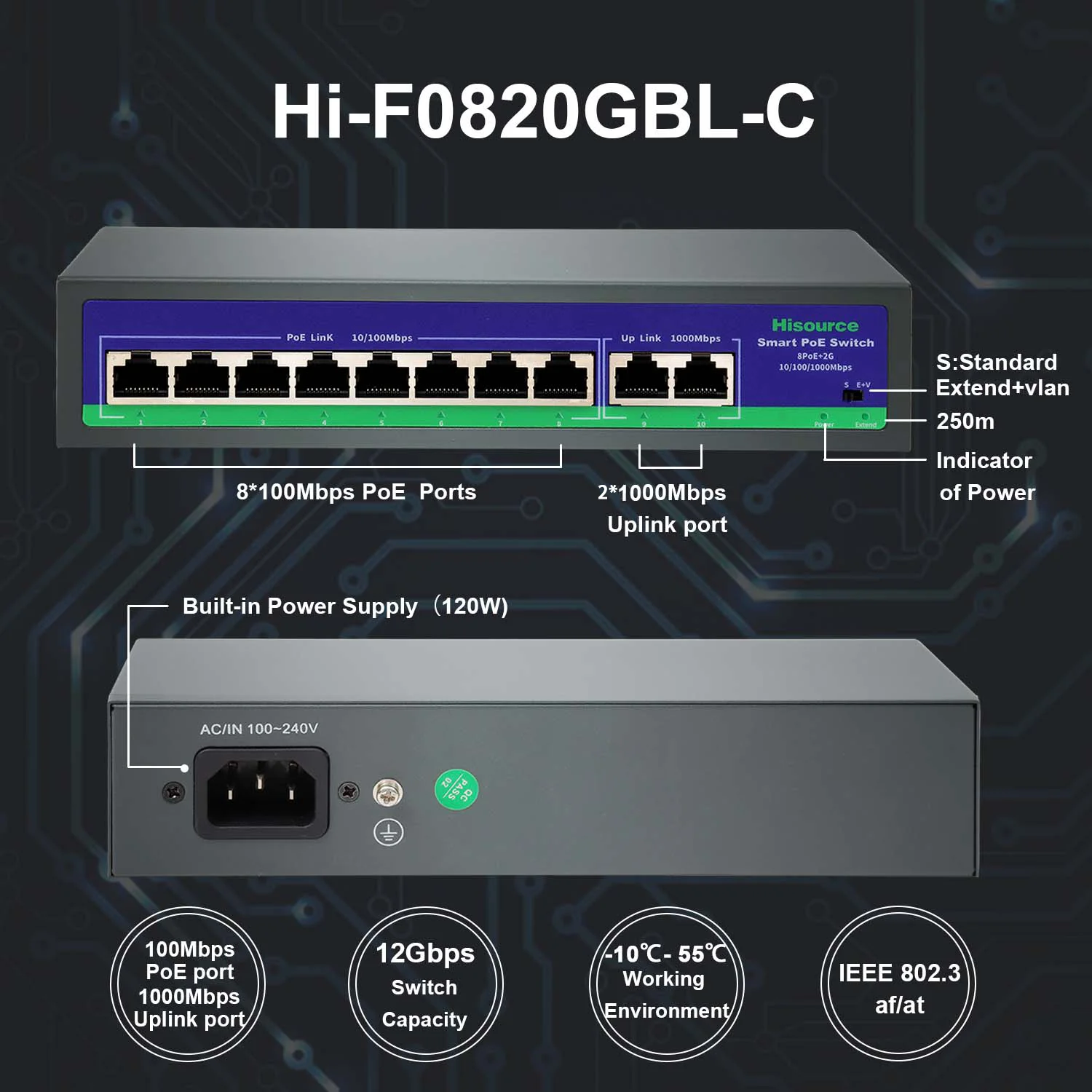 Hisource 8 10/100Mbps Ports Network Switch 250M Uplink 2*100 or 2*1000Mbps with VLAN for IPC/NVR