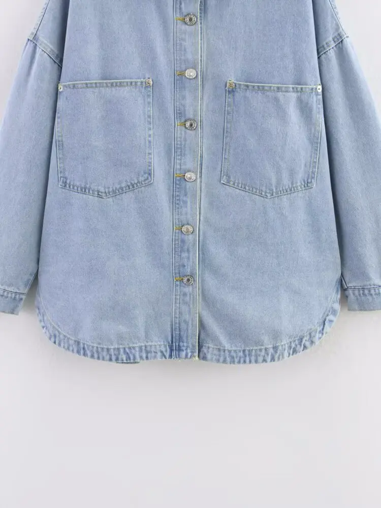 

ZAB Autumn New Women's Loose Long Sve Collared Denim Jaet Waed out Faion Design Polyester Fiber Pure Color irt