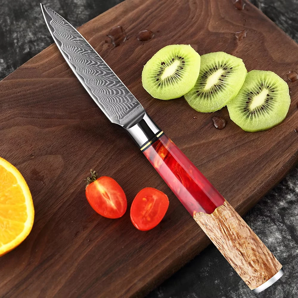 

3.5 Inch Damascus Paring Knife VG-10 Core,Ultra Sharp Fruit & Peeling Knife Red Resin Wood Handle Chef & Home Kitchen Essential