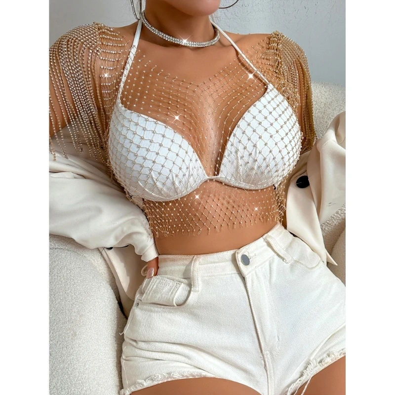 Women Sexy Rhinestones Mesh Tanks Top See Through Hollow Crop Top Party Clubwear