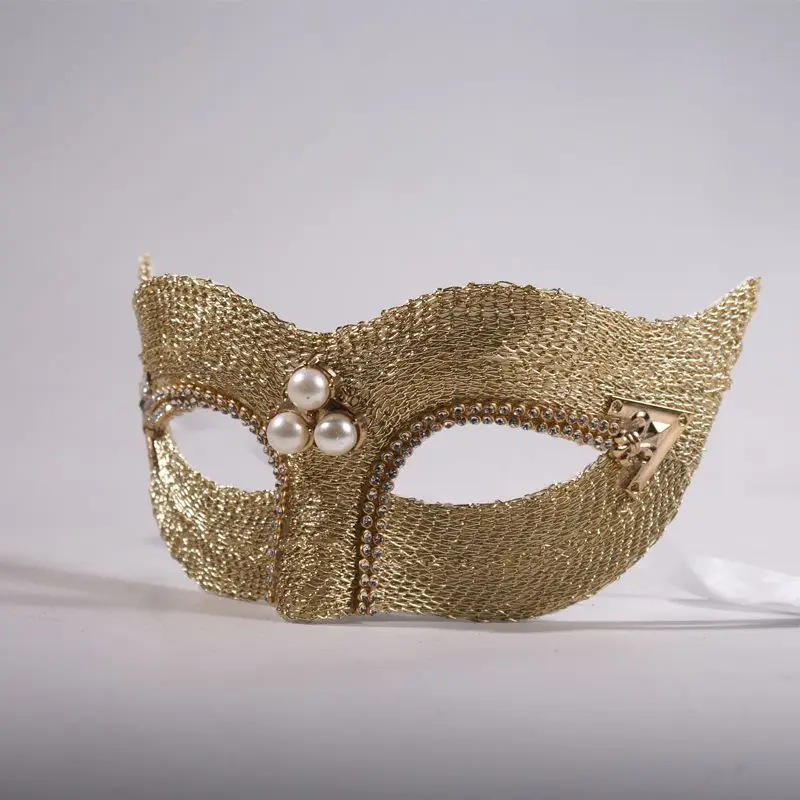 Gold Half Face Masquerade Mask with Pearl Rhinestone, Venetian Style for Halloween Party Ball, Wedding Cosplay for Adults & Kids 5