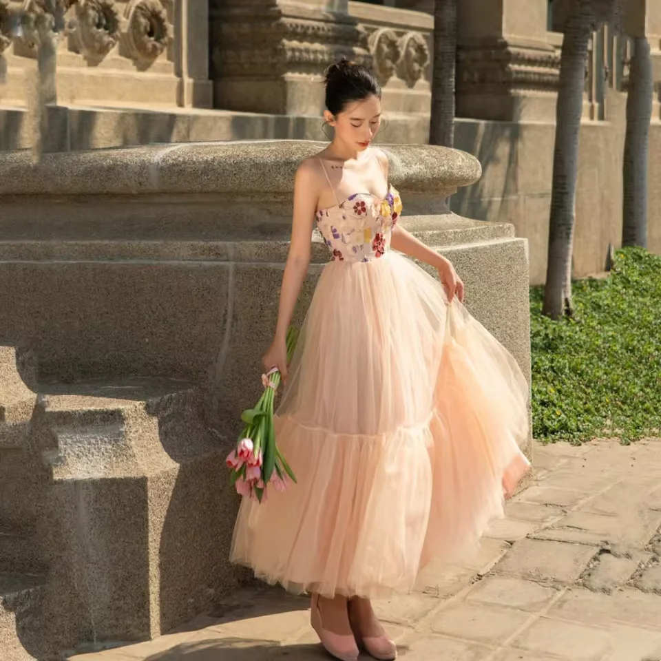 

Sweetheart A-line Prom Dress 3D Embroidered Lace Flower Tea Long Graduation Dress Spaghetti Strap Party Evening Dress Customized