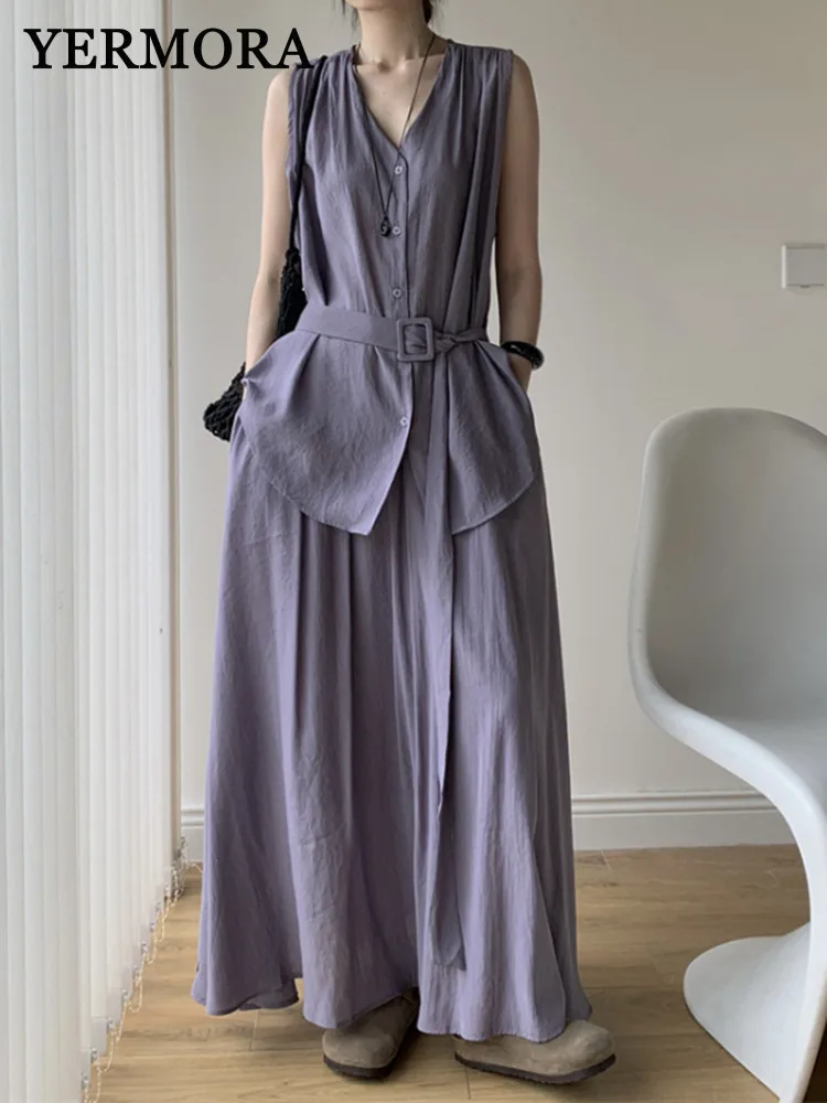 

YERMORA Women Two Pieces Set Purple Pleated Belted Brief Vest Loose New High Waist Half Body Skirt Fashion Spring Summer 2025