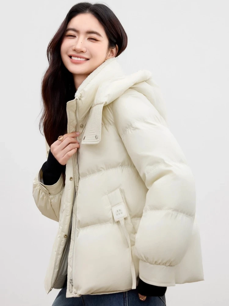 SENTUBILA Damen-Daunenjacken 2025, Winter, Stehkragen, Kapuze, lange Ärmel, Daunenmäntel, solide, lockere Passform, kurze Oberbekleidung W54YE2037