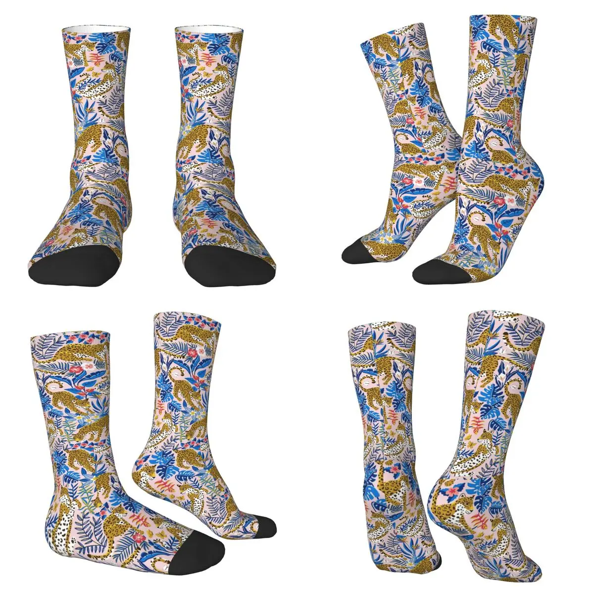 

Носки с леопардовым принтом и цветочным узором в тропическом стиле, впитывающие пот носки в стиле Харадзюку, всесезонные длинные носки унисекс, подарок на День святого Валентина