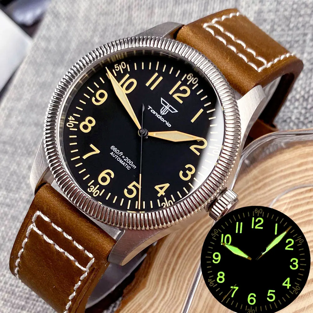 39mm Tandorio 20ATM Diving Japan NH35 PT5000 Automatic Vintage Black Dial Sapphire Glass Brushed Men Watch Luminous Fluted Bezel