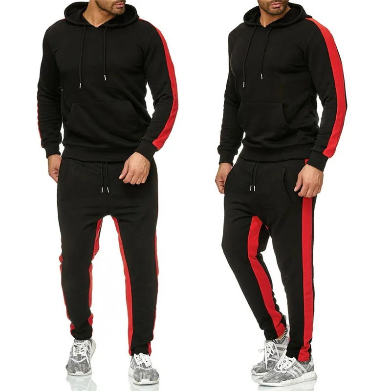 2025 new men\'s solid color sweatshirt set sports splicing two-piece set men\'s casual sports sweatshirt