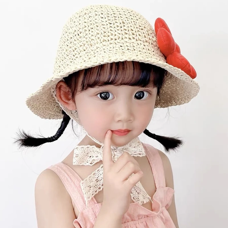 Ins Children's Hat Hand-woven Sun Hat Girl 3d Three-dimensional Flower Woven Foldable Straw Hat Sunshade Fisherman Hat