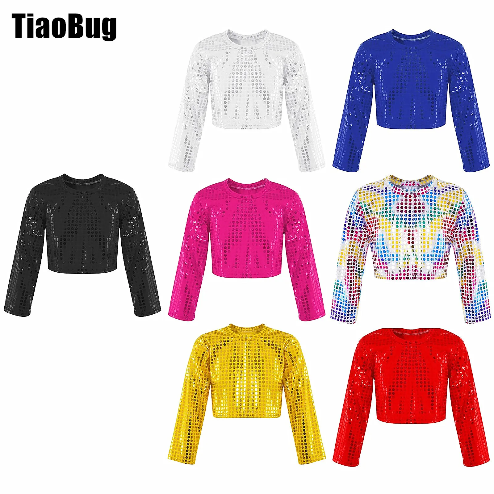 

Shiny Sequins Dance Crop Top for Kids Boys Girls Long Sleeve Solid Color Latin Jazz Dance Wear Party Stage Performance Costume