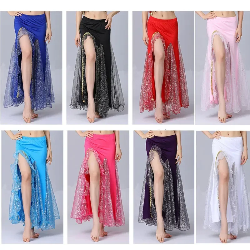 Women Sparkly Spilt Belly Dance Skirt Lady Sexy Ballroom Long Spanish Performance Stage Costume Oriental Dancing Practice Dress