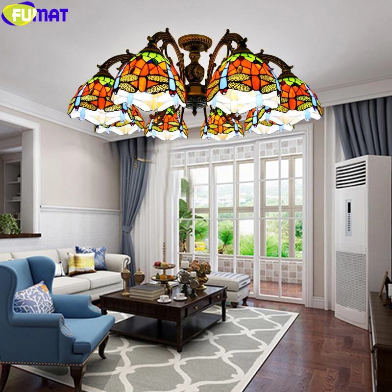 

FUMAT Tiffany Style Multi Heads Dragonfly Butterfly Pendant Lamp Parrot Stained Glass Hanging Light Fixture Home Decor Classical