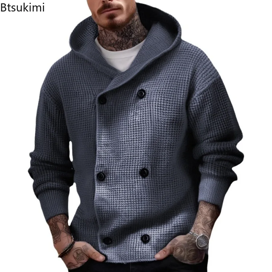 Nueva chaqueta cárdigan con capucha para hombre, diseño de doble botonadura, suéter tejido para otoño e invierno, abrigos, ropa de calle de ocio, sudaderas con capucha de punto para hombre