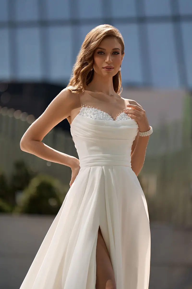 Vestido de casamento com Organza A-Line, até o chão, Side Slit Vestidos nupciais, Side Slit, personalizado para medir