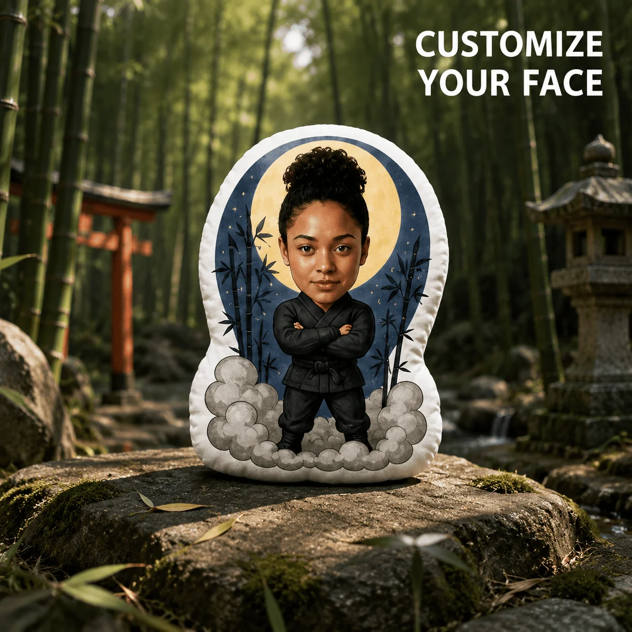 Custom Personalized Photo Ninja Face Pillow, Custom Shaped Decorative Cushion with Martial Arts Theme & Bamboo Background, Funny