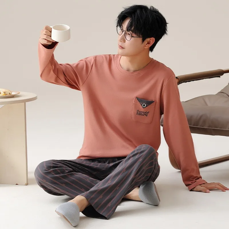 2024 Cotton Homewear for Man Autumn Long Sleepwear Big Size L-3XL Nightwear Korean Fashion Pullover Pajamas Set Young Boy Male