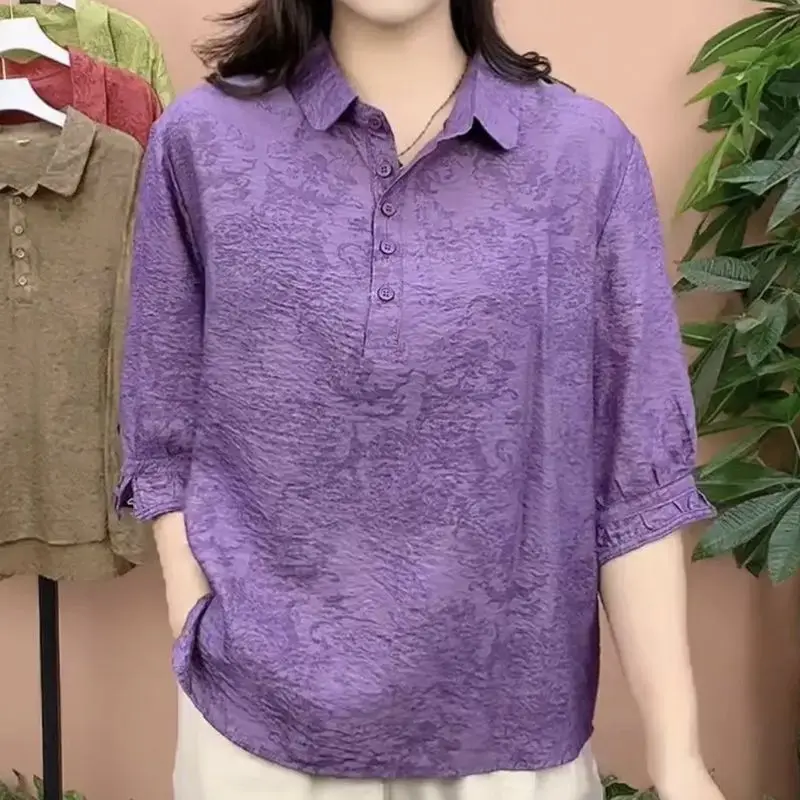 Chinese Style Summer Women Jacquard Pure Cotton Lapel Collar Shirt Vintage Middle Sleeve Thin Style Large Size Multicolor Tops